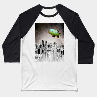 A Message green daisy blimp hovers over a cold gray city Baseball T-Shirt